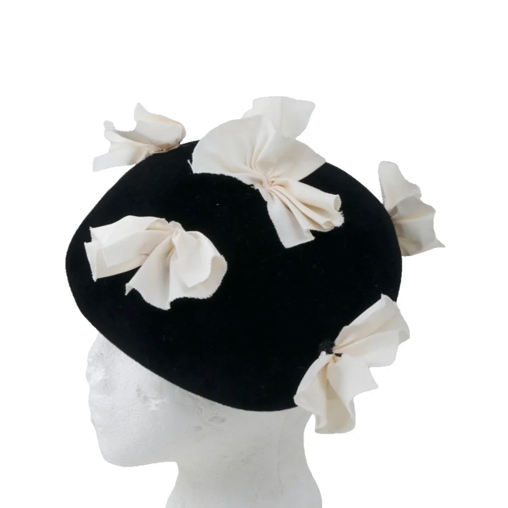 Vintage 1950s Black Velour Ruffle Rosette Beret Pillbox Fascinator Cocktail Hat